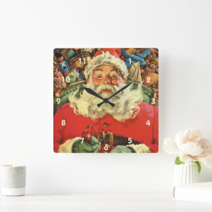 Vintage Christmas Santa Claus in Sleigh with Toys Square Wall Clock