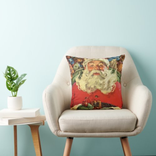 Vintage Christmas Santa Claus in Sleigh with Toys Throw Pillow