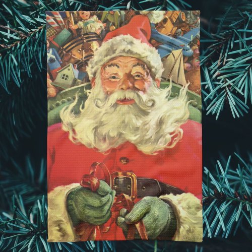 Vintage Christmas Santa Claus in Sleigh with Toys Towel