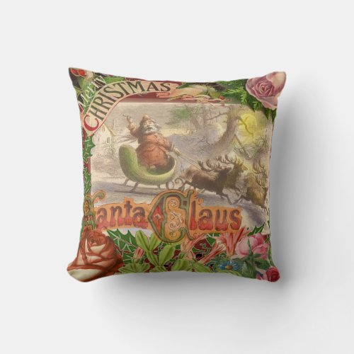 Vintage Christmas Santa Claus in Victorian Sleigh Throw Pillow
