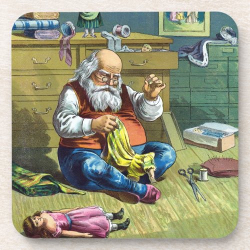 Vintage Christmas Santa Claus Making Toy Dolls Beverage Coaster