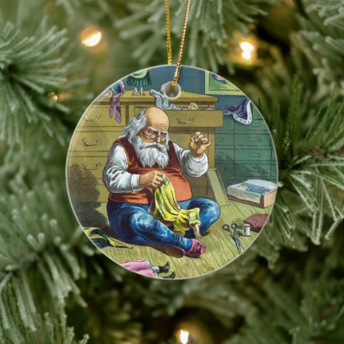 Vintage Christmas Santa Claus Making Toy Dolls Ceramic Ornament