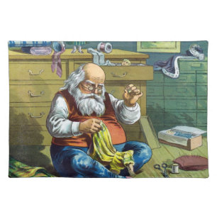 Vintage Christmas, Santa Claus Making Toy Dolls Cloth Placemat