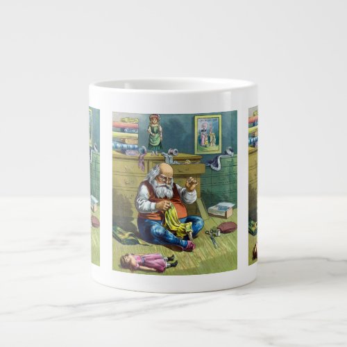 Vintage Christmas Santa Claus Making Toy Dolls Giant Coffee Mug