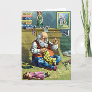 Vintage Christmas, Santa Claus Making Toy Dolls Holiday Card
