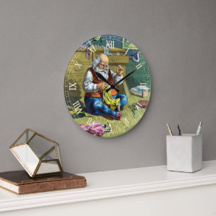 Vintage Christmas, Santa Claus Making Toy Dolls Large Clock