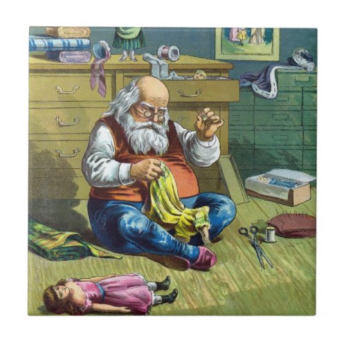 Vintage Christmas Santa Claus Making Toy Dolls Tile