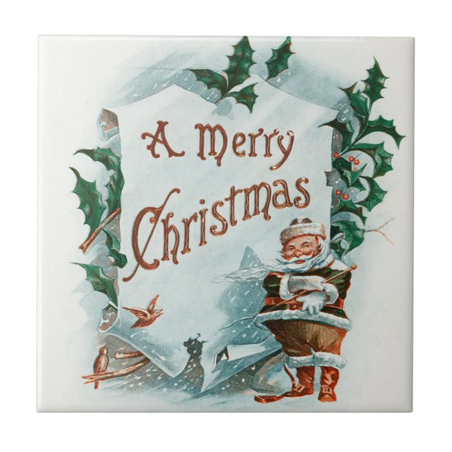 Vintage Christmas Santa Claus Merry Greeting Ceramic Tile (Front)