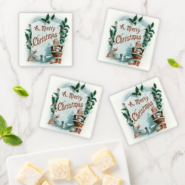 Vintage Christmas Santa Claus Merry Greeting Coaster Set (In Situ)