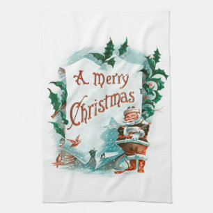 Vintage Christmas Santa Claus Merry Greeting Kitchen Towel