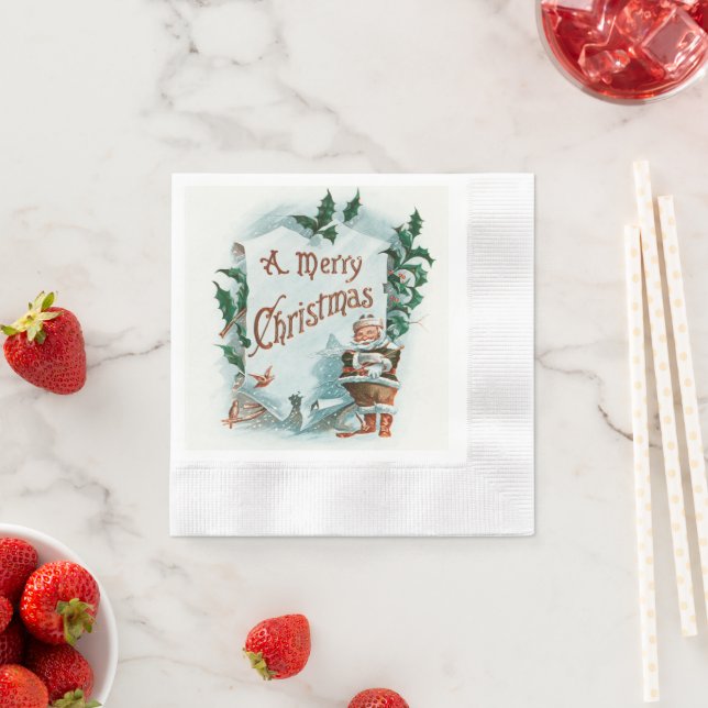 Vintage Christmas Santa Claus Merry Greeting Napkins (Insitu)