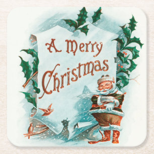 Vintage Christmas Santa Claus Merry Greeting Square Paper Coaster