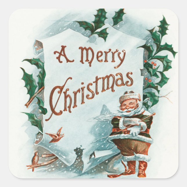 Vintage Christmas Santa Claus Merry Greeting Square Sticker (Front)