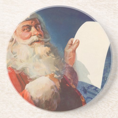 Vintage Christmas Santa Claus Naughty Nice List Sandstone Coaster