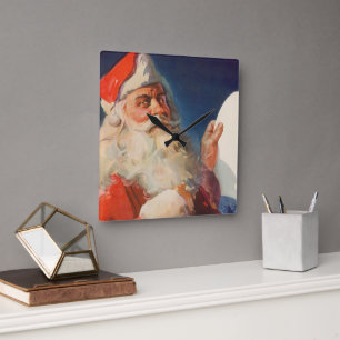 Vintage Christmas, Santa Claus Naughty Nice List Square Wall Clock