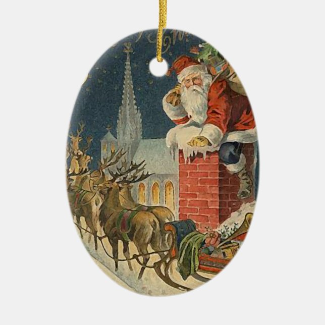 Vintage Christmas Santa Claus on Roof Ceramic Ornament (Front)