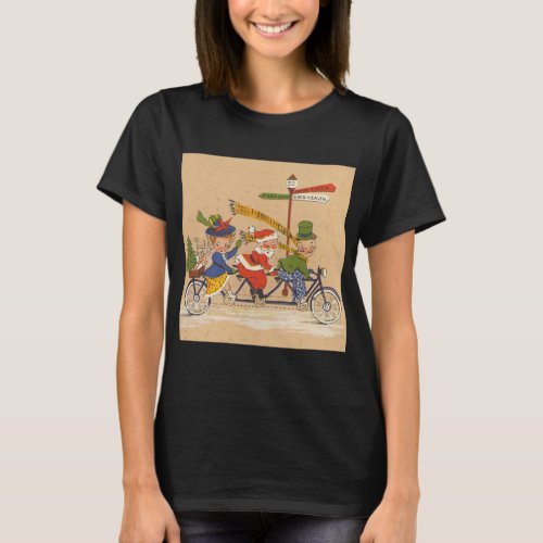 Vintage Christmas Santa Claus on Tandem Bike T_Shirt