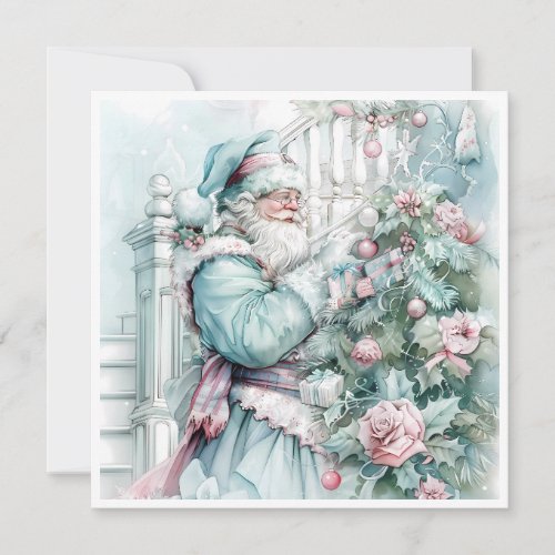 Vintage Christmas Santa Claus Pastel Tree Holiday Card