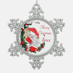 Vintage Christmas-Santa Claus peeking around Holly Snowflake Pewter Christmas Ornament