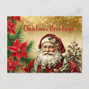 Vintage Christmas Santa Claus, Red Poinsettia Holiday Postcard