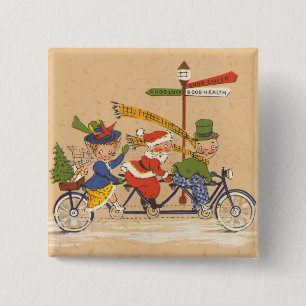 Vintage Christmas, Santa Claus Riding a Bicycle Button