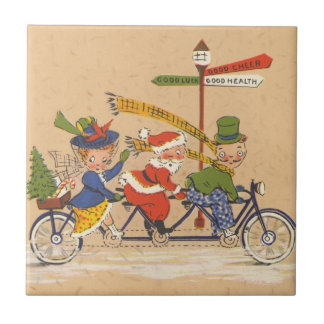 Vintage Christmas, Santa Claus Riding a Bicycle Ceramic Tile