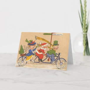 Vintage Christmas, Santa Claus Riding a Bicycle Holiday Card