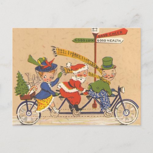 Vintage Christmas Santa Claus Riding a Bicycle Holiday Postcard