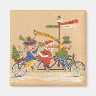 Vintage Christmas, Santa Claus Riding a Bicycle Magnet