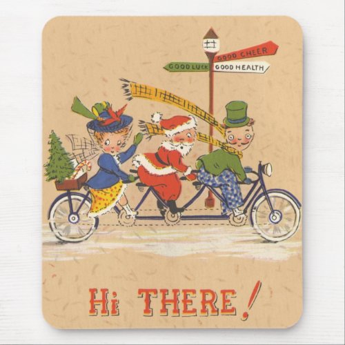 Vintage Christmas Santa Claus Riding a Bicycle Mouse Pad