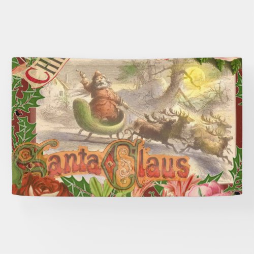 Vintage Christmas Santa Claus Sleigh Banner