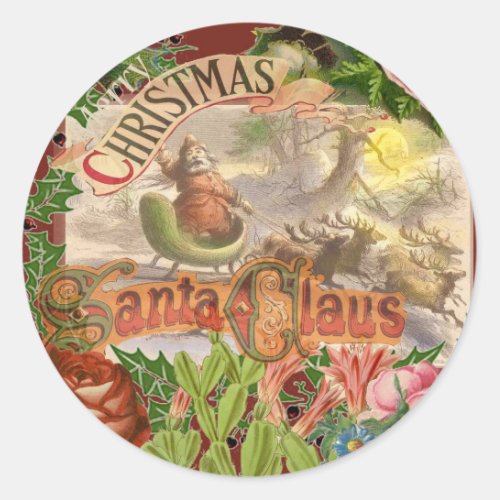 Vintage Christmas Santa Claus Sleigh Classic Round Sticker