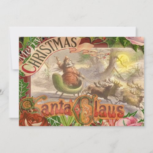 Vintage Christmas Santa Claus Sleigh Holiday Card