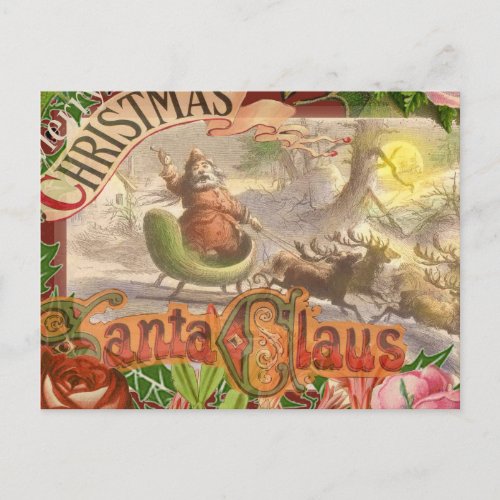 Vintage Christmas Santa Claus Sleigh Holiday Postcard