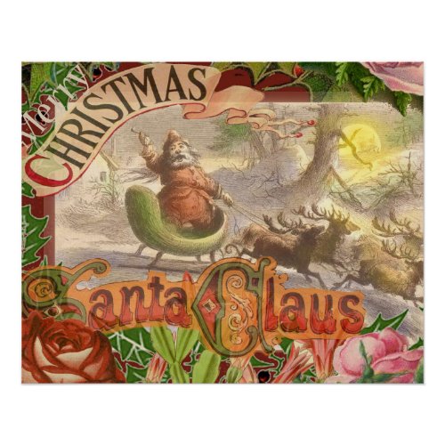 Vintage Christmas Santa Claus Sleigh Poster