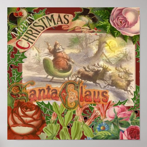 Vintage Christmas Santa Claus Sleigh Poster