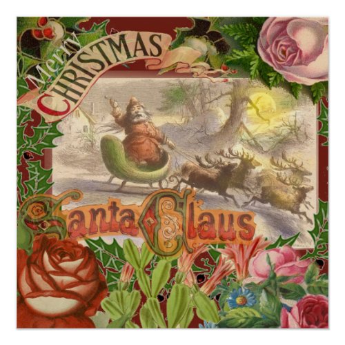 Vintage Christmas Santa Claus Sleigh Poster