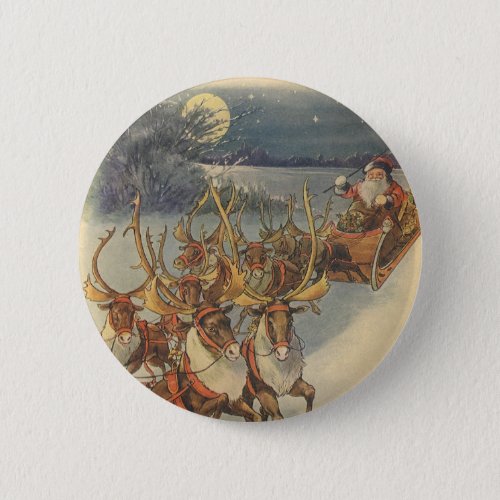 Vintage Christmas Santa Claus Sleigh with Reindeer Button