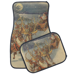 Vintage Christmas Santa Claus Sleigh with Reindeer Car Mat