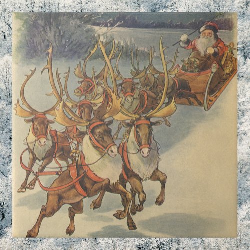 Vintage Christmas Santa Claus Sleigh with Reindeer Ceramic Tile