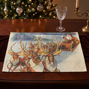 Vintage Christmas Santa Claus Sleigh with Reindeer Cloth Placemat