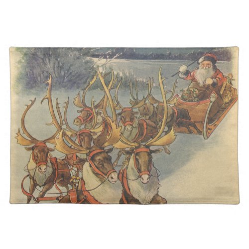 Vintage Christmas Santa Claus Sleigh with Reindeer Cloth Placemat