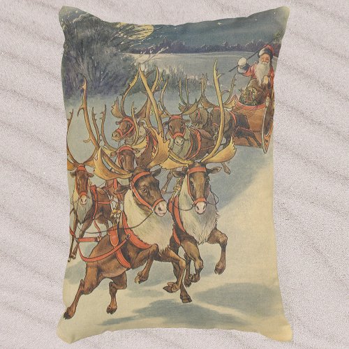 Vintage Christmas Santa Claus Sleigh with Reindeer Decorative Pillow