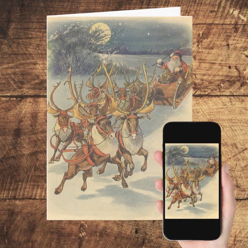 Vintage Christmas Santa Claus Sleigh with Reindeer Holiday Card
