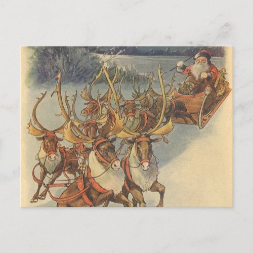 Vintage Christmas Santa Claus Sleigh with Reindeer Holiday Postcard