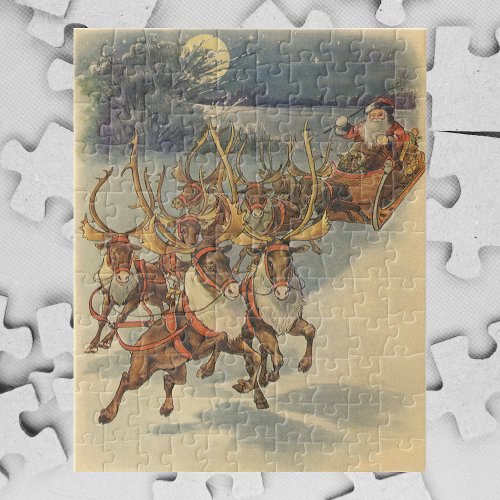 Vintage Christmas Santa Claus Sleigh with Reindeer Jigsaw Puzzle