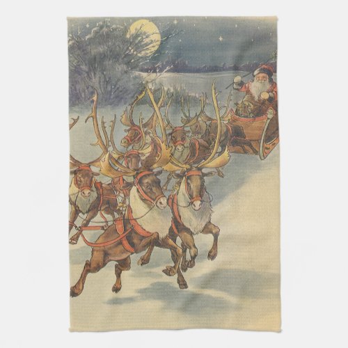 Vintage Christmas Santa Claus Sleigh with Reindeer Kitchen Towel