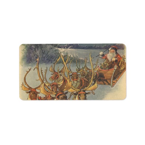 Vintage Christmas Santa Claus Sleigh with Reindeer Label