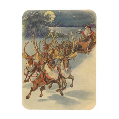 Vintage Christmas Santa Claus Sleigh with Reindeer Magnet