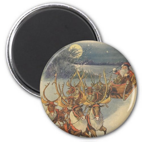 Vintage Christmas Santa Claus Sleigh with Reindeer Magnet